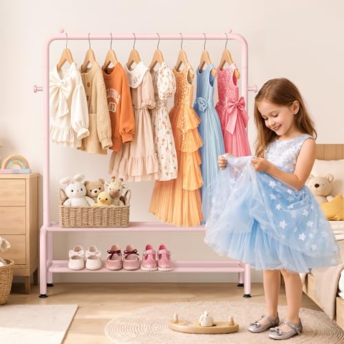 mirolam Kids Clothing Rack - Dress Up Storage - Dress Up Rack for Little Girls - Small Kids Costume Wardrobe with 2 Fabric Shelves - Princess Room Bedroom Decor - Image 2