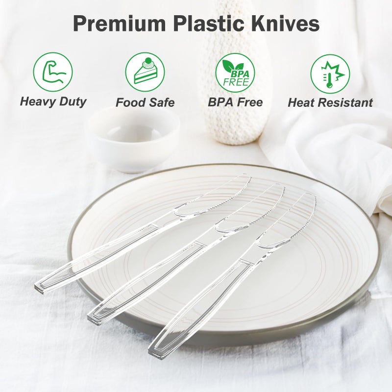 Dealusy Dealusy 300 Count Extra Heavy Duty Clear Plastic Knives Disposable  BPA-Free  Heat Resistant  Solid and Durable Disposable Knives Bulk  Premium Plastic Knives heavy duty for Party Supply  - Image 3