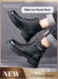 roaiss High Cut Martin Boots for Man British Style Retro Business Leather Shoes Round Toe Lace up Front Work Shoes Burnished Premium Textured Anti Slip Breathable Wear Resistant Casual Shoes  - Image 1