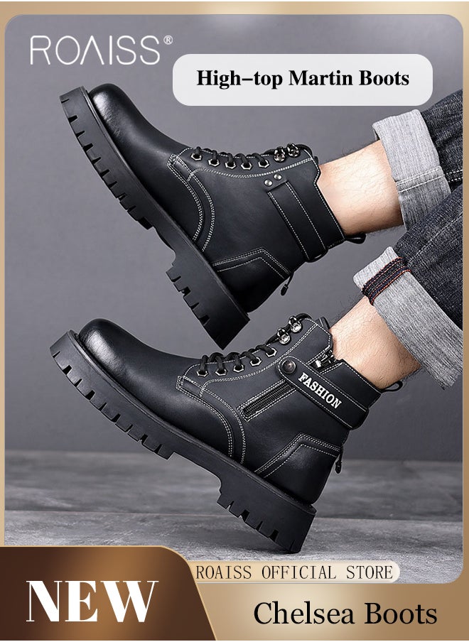 roaiss - High Cut Martin Boots for Man British Style Retro Business Leather Shoes Round Toe Lace up Front Work Shoes Burnished Premium Textured Anti Slip Breathable Wear Resistant Casual Shoes - Image 1