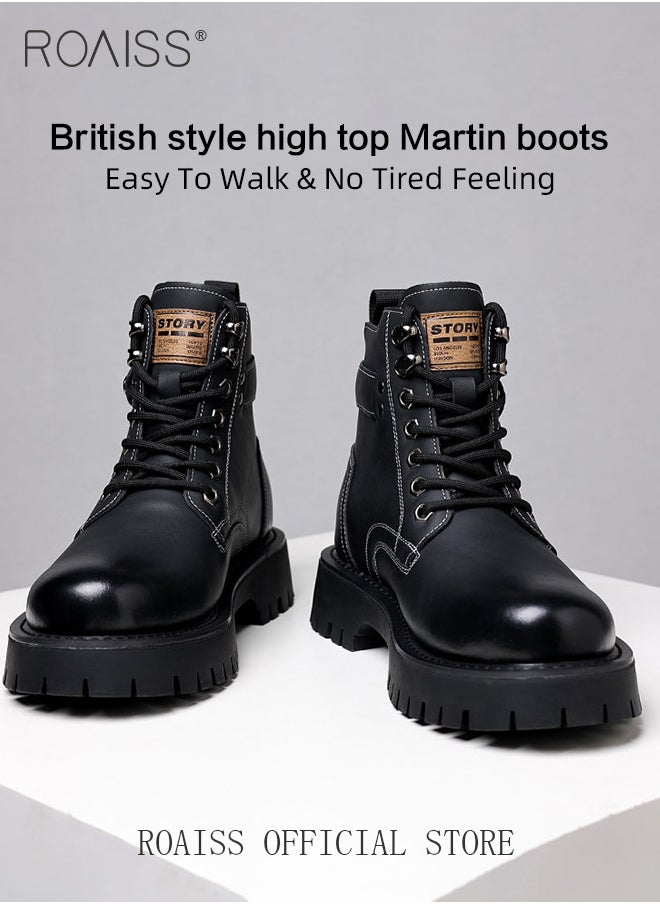 roaiss - High Cut Martin Boots for Man British Style Retro Business Leather Shoes Round Toe Lace up Front Work Shoes Burnished Premium Textured Anti Slip Breathable Wear Resistant Casual Shoes - Image 1