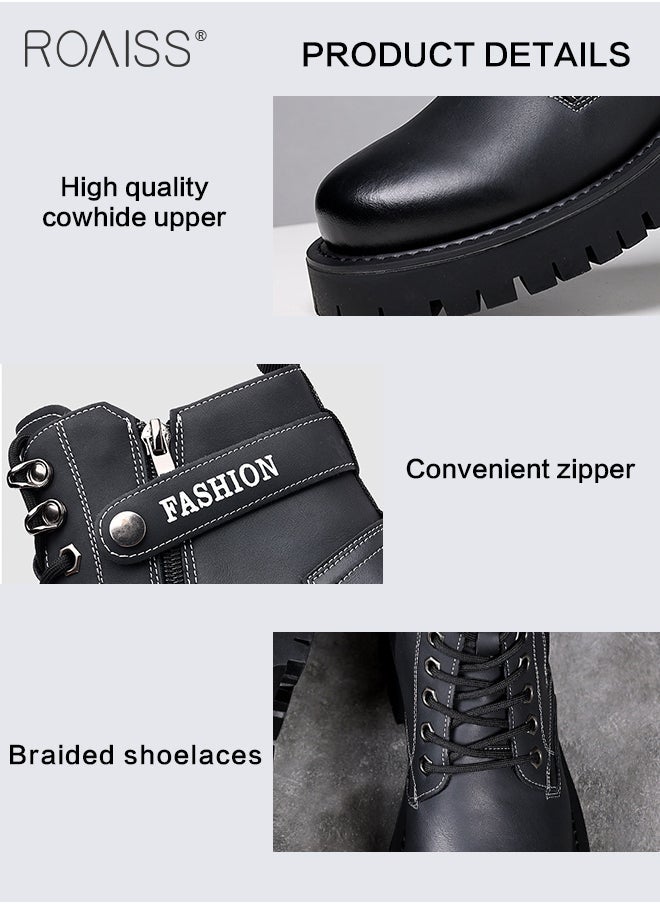 roaiss - High Cut Martin Boots for Man British Style Retro Business Leather Shoes Round Toe Lace up Front Work Shoes Burnished Premium Textured Anti Slip Breathable Wear Resistant Casual Shoes - Image 1