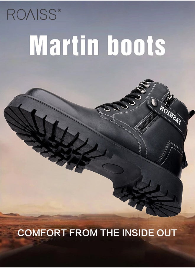 roaiss - High Cut Martin Boots for Man British Style Retro Business Leather Shoes Round Toe Lace up Front Work Shoes Burnished Premium Textured Anti Slip Breathable Wear Resistant Casual Shoes - Image 1