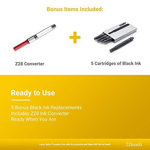 Boxiti Lamy Safari | Yellow | Fine Nib | 5 Black Ink Cartridges, Z28 Converter and Wipe - Image 4
