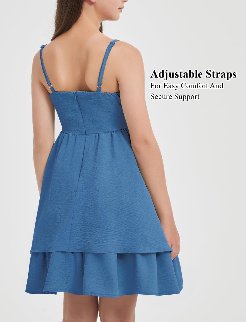 EXARUS Girls Dress Dark Blue Teen Easter Church Formal Back to School Homecoming Dance Casual Tween Swing Ruched Flowy Ruffle Summer Spaghetti Strap Adjustable Outfits Dresses Cami for 12 Years - Image 4