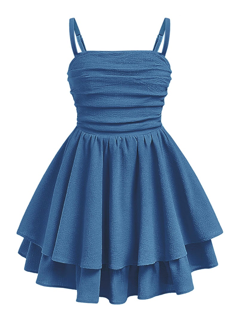 EXARUS Girls Dress Dark Blue Teen Easter Church Formal Back to School Homecoming Dance Casual Tween Swing Ruched Flowy Ruffle Summer Spaghetti Strap Adjustable Outfits Dresses Cami for 12 Years - Image 1