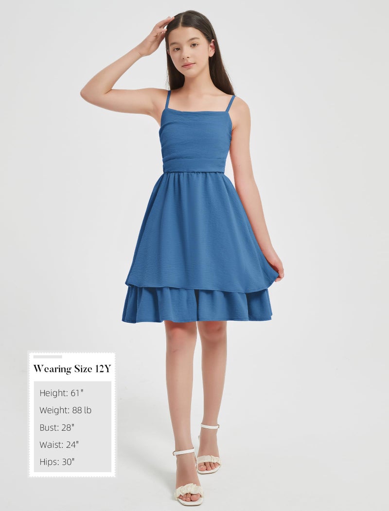 EXARUS Girls Dress Dark Blue Teen Easter Church Formal Back to School Homecoming Dance Casual Tween Swing Ruched Flowy Ruffle Summer Spaghetti Strap Adjustable Outfits Dresses Cami for 12 Years - Image 5