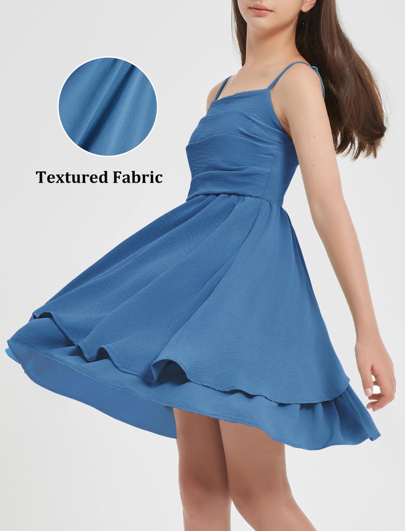 EXARUS Girls Dress Dark Blue Teen Easter Church Formal Back to School Homecoming Dance Casual Tween Swing Ruched Flowy Ruffle Summer Spaghetti Strap Adjustable Outfits Dresses Cami for 12 Years - Image 3
