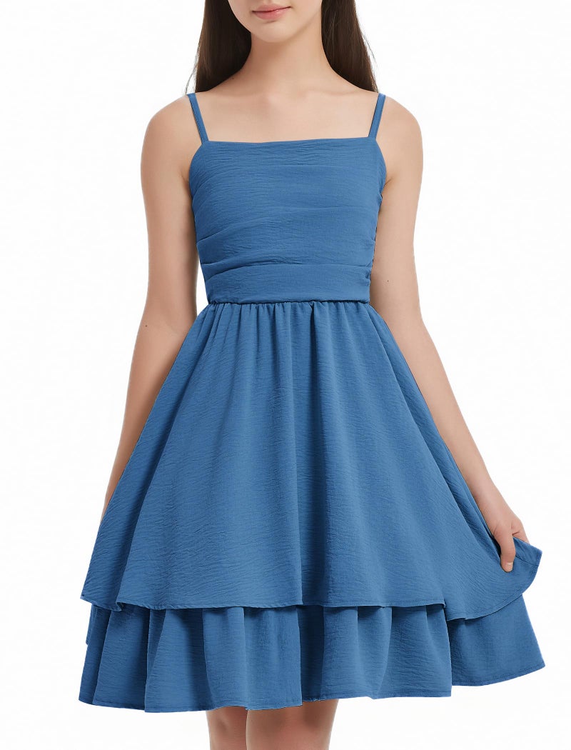 EXARUS Girls Dress Dark Blue Teen Easter Church Formal Back to School Homecoming Dance Casual Tween Swing Ruched Flowy Ruffle Summer Spaghetti Strap Adjustable Outfits Dresses Cami for 12 Years - Image 2