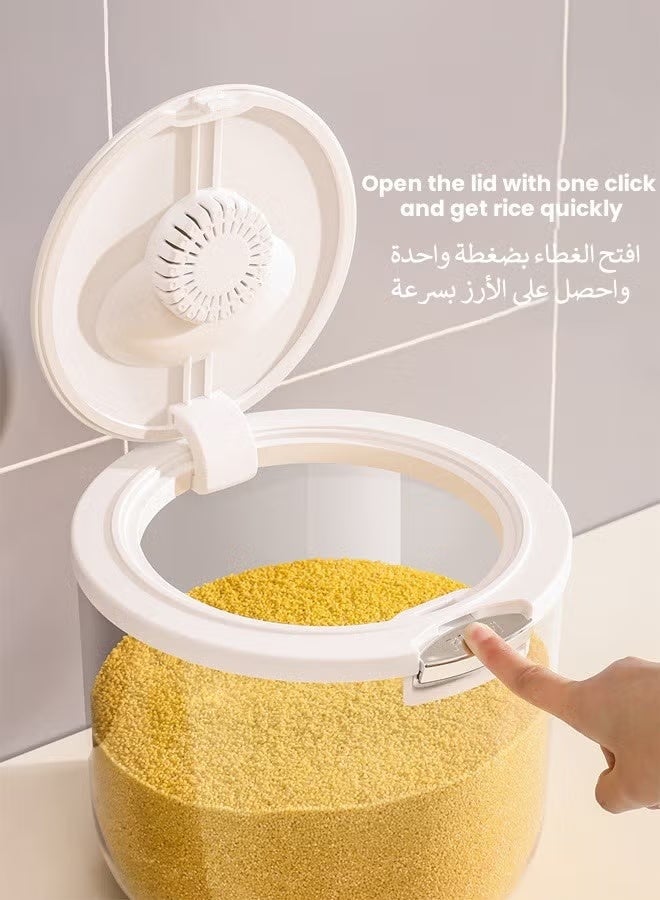 رايز حاوية تخزين حبوب منزلية مستديرة سعة 10 كجم، مصنوعة من مادة PET+ABS+HIPS سميكة، مزودة بصندوق تجفيف مدمج، وغطاء سهل الفتح والإغلاق، مناسبة للأرز والدقيق والحبوب وأطعمة الحيوانات الأليفة. - Image 3