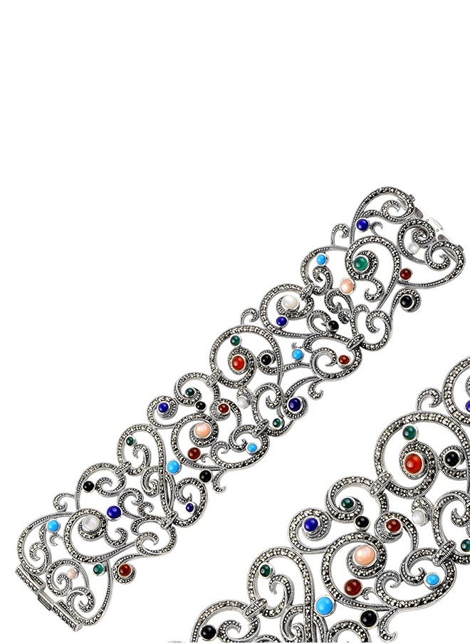 EMNON - 925 Silver-Natural Marcasite, Turquoise, Lapis Lazuli Bracelet-High-Quality Jewelry in UAE Dubai 100% Precious Metal Gift for Women-EMNON82BR-B90473 - Image 1