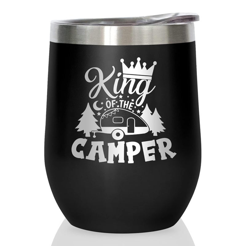 Joyloce King of The Camper Wine Tumbler Outdoor Camping Gifts Coffee Mug Cup Camp Wine Glass Stemless Tumblers with Lid Stainless Steel Insulated Vacuum RV Gifts for Campsite Travel Camping 12 Oz