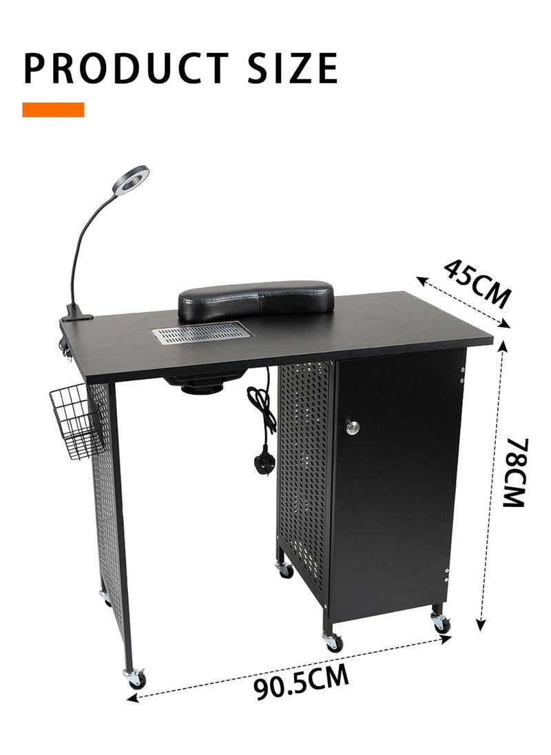 Meishida - Manicure Nail Desk Table, Nail Beauty Salon Workstation with Dust Collector,4 Drawers Cabinet with Key,Lockable Casters,Side Basket,Clip-On LED Lamp,Wrist Rest,Steel Frame Nail Table, Black - Image 1