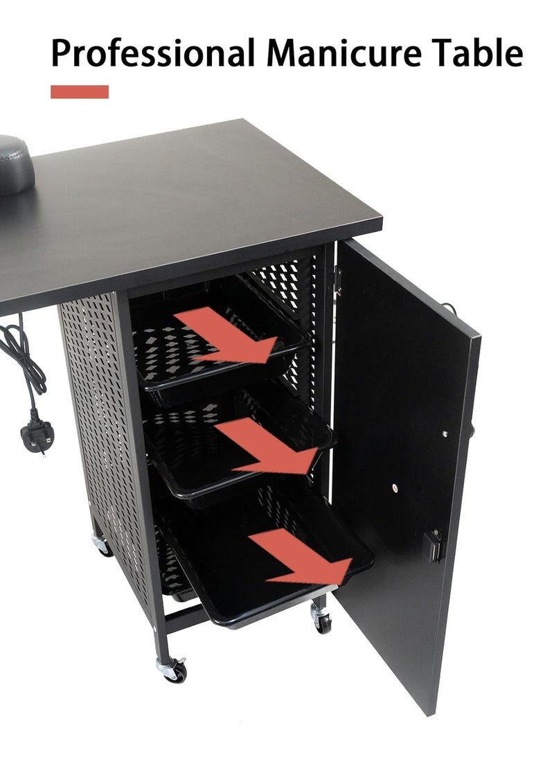Meishida - Manicure Nail Desk Table, Nail Beauty Salon Workstation with Dust Collector,4 Drawers Cabinet with Key,Lockable Casters,Side Basket,Clip-On LED Lamp,Wrist Rest,Steel Frame Nail Table, Black - Image 1