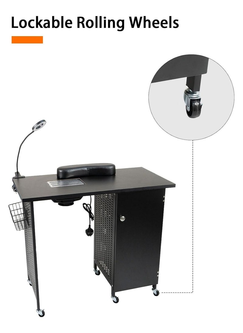 Meishida - Manicure Nail Desk Table, Nail Beauty Salon Workstation with Dust Collector,4 Drawers Cabinet with Key,Lockable Casters,Side Basket,Clip-On LED Lamp,Wrist Rest,Steel Frame Nail Table, Black - Image 1