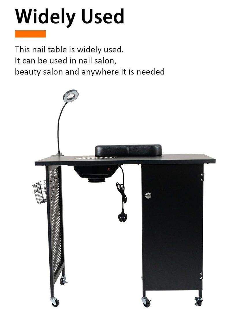 Meishida - Manicure Nail Desk Table, Nail Beauty Salon Workstation with Dust Collector,4 Drawers Cabinet with Key,Lockable Casters,Side Basket,Clip-On LED Lamp,Wrist Rest,Steel Frame Nail Table, Black - Image 1
