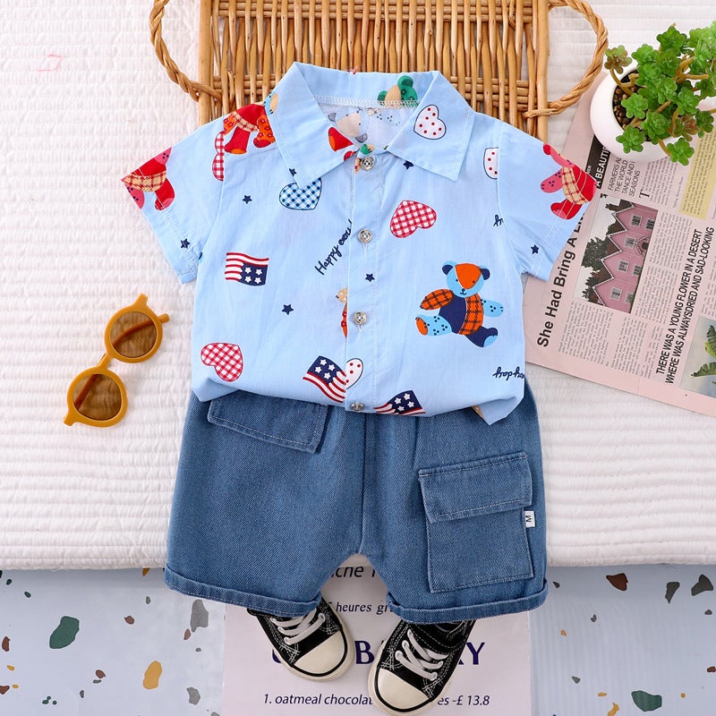 Short-sleeved shorts baby thin summer cartoon two-piece suit summer lapel baby summer handsome small fresh Plaid Love Heart-Sky Blue 