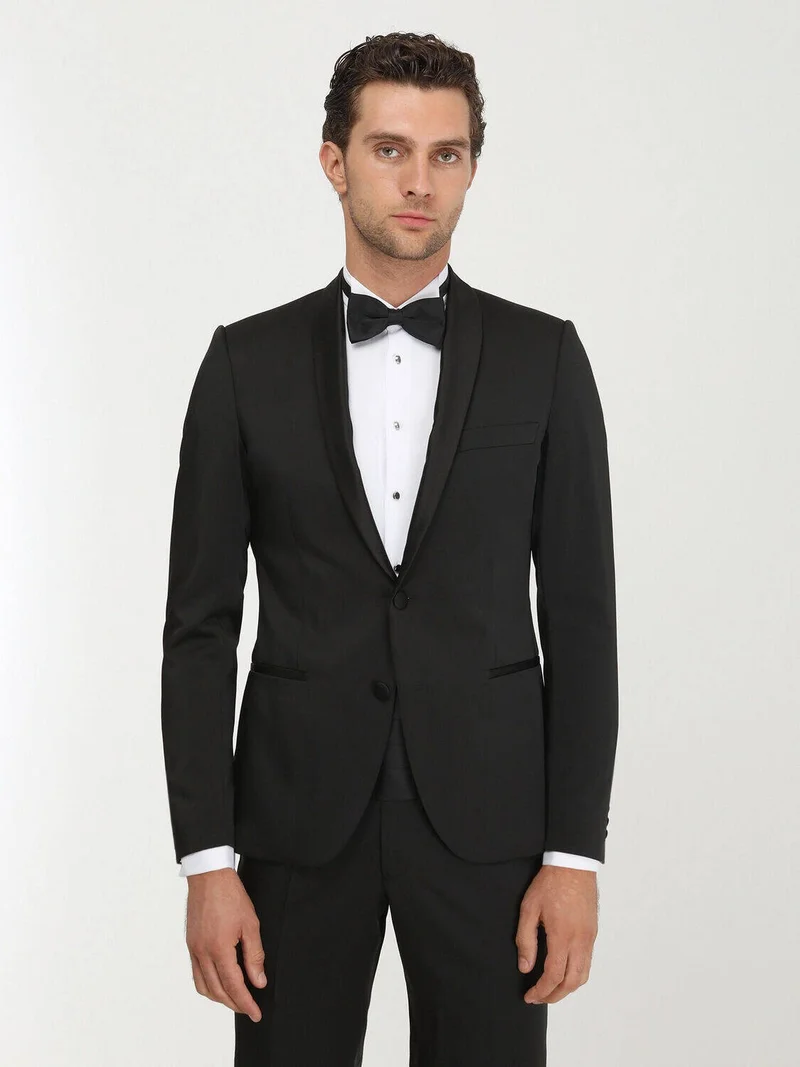 كيب Black Patterned Slim Fit Shawl Collar Woven Tuxedo Suit