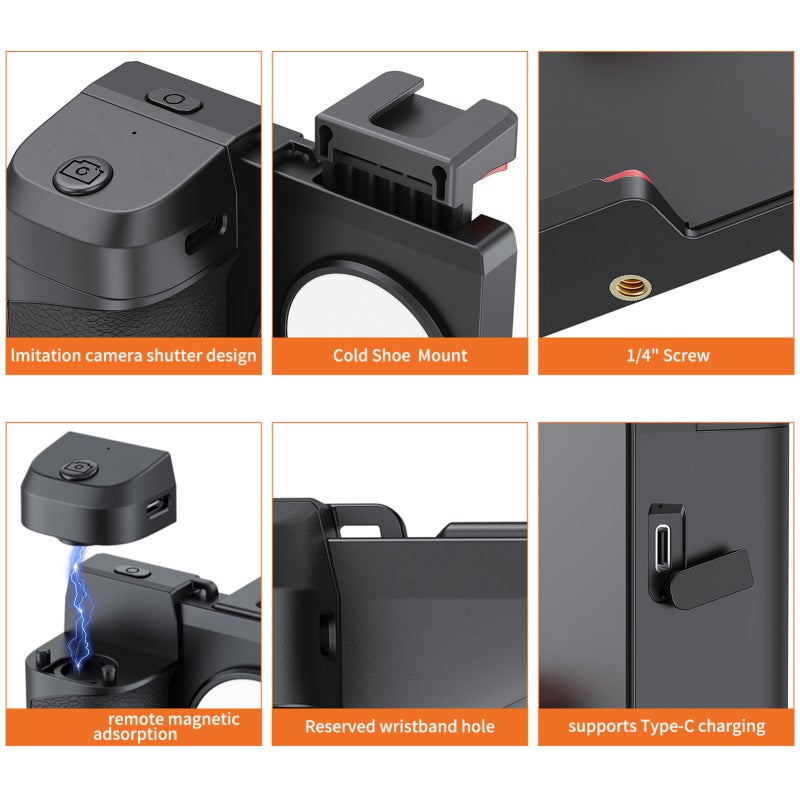 UURIG PH-14 Wireless Handle Grip Phone Holder Stabilizer for Smartphone Vlog Selfie Built-in LED Fill Light 3-Level Brightness with Cold Shoe Mount Detachable Remote Shutter Replacement for iPhone - Image 3