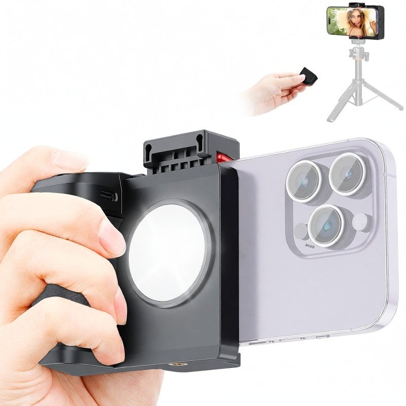 UURIG PH-14 Wireless Handle Grip Phone Holder Stabilizer for Smartphone Vlog Selfie Built-in LED Fill Light 3-Level Brightness with Cold Shoe Mount Detachable Remote Shutter Replacement for iPhone - Image 1