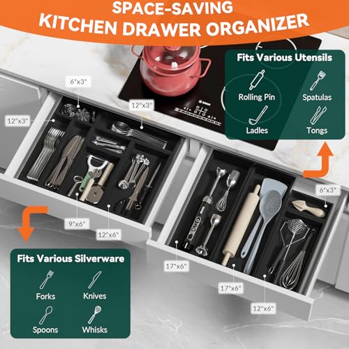 Lixple Bamboo Drawer Organizer, Narrow Silverware Organizer for Kitchen, Stackable Utensil Organizer, 2 Pcs Flatware Organizer, Wooden Storage Box Tray (Black, 12 X 3 X 2 Inch) - Image 3