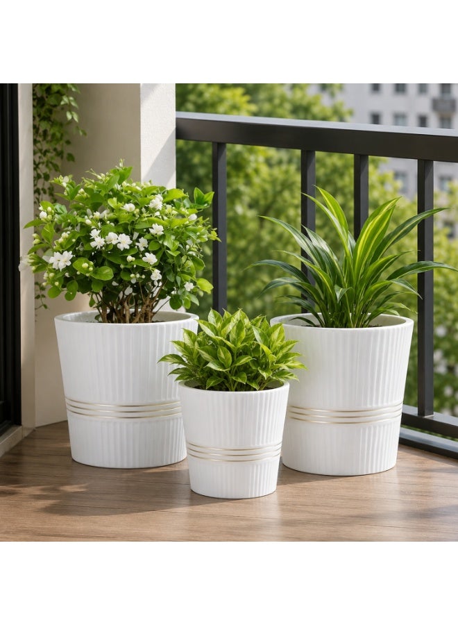 Emarald 3-Piece Ceramic Plant Pot Set with Ribbed Design Decorative Indoor & Outdoor Flower Pots for Home, Balcony, Patio, Garden & Office White - Image 3