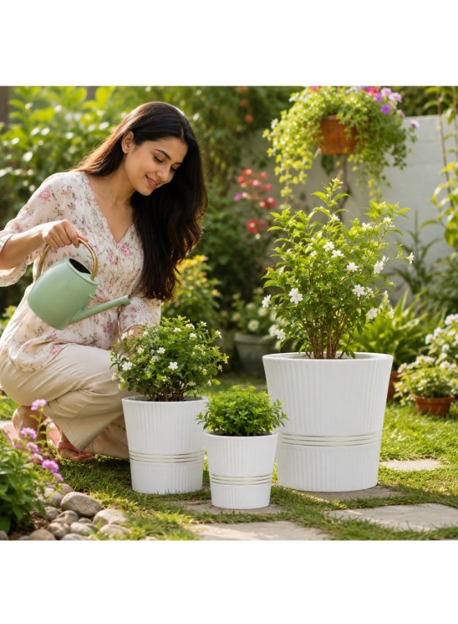 Emarald 3-Piece Ceramic Plant Pot Set with Ribbed Design Decorative Indoor & Outdoor Flower Pots for Home, Balcony, Patio, Garden & Office White - Image 4