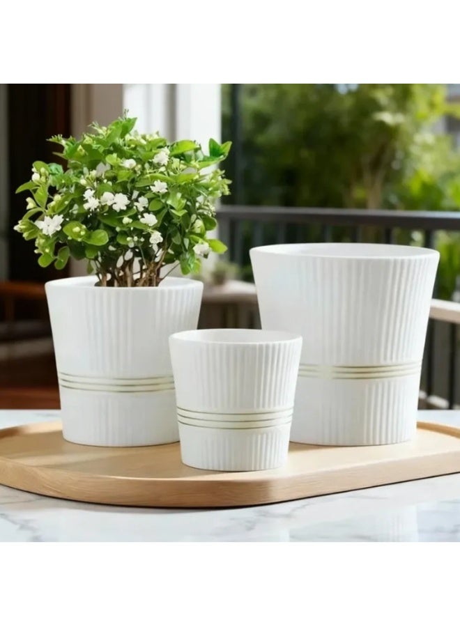 Emarald 3-Piece Ceramic Plant Pot Set with Ribbed Design Decorative Indoor & Outdoor Flower Pots for Home, Balcony, Patio, Garden & Office White - Image 2