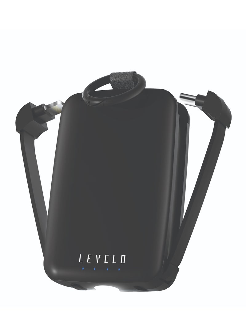 ليفيلو باور بانك نانو ميني بسعة 4000 مللي أمبير/ساعة مع سلسلة مفاتيح مدمجة وكابلات / مصباح مدمج / شحن متزامن / كابلات Type-C وLightning / باور بانك سريع الشحن - أسود - Image 1