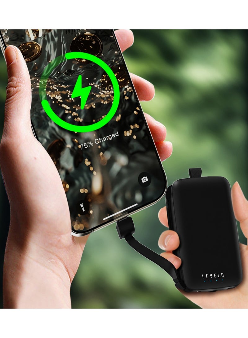 ليفيلو باور بانك نانو ميني بسعة 4000 مللي أمبير/ساعة مع سلسلة مفاتيح مدمجة وكابلات / مصباح مدمج / شحن متزامن / كابلات Type-C وLightning / باور بانك سريع الشحن - أسود - Image 2