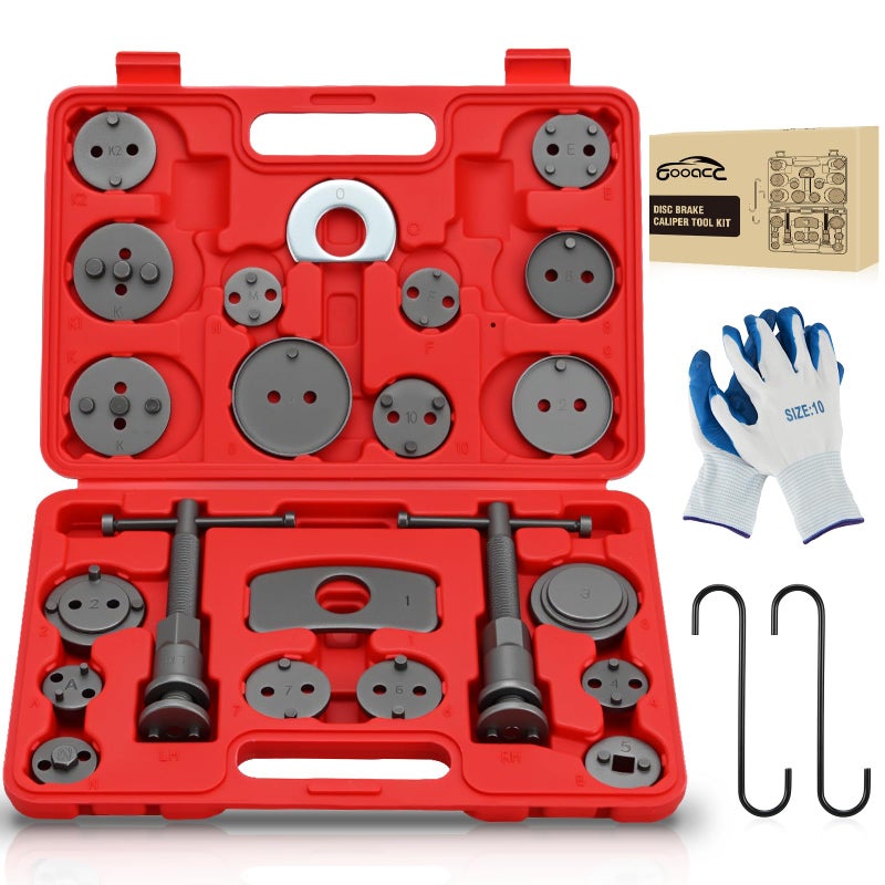 GOOACC 22pcs Disc Brake Caliper Compression Tool Set, Caliper Piston Rewind Compressor Tool with Brake Caliper Hangers & Gloves for Brake Pad Replacement Reset Brake Tools Caliper Press Tool Kit, Red - Image 1