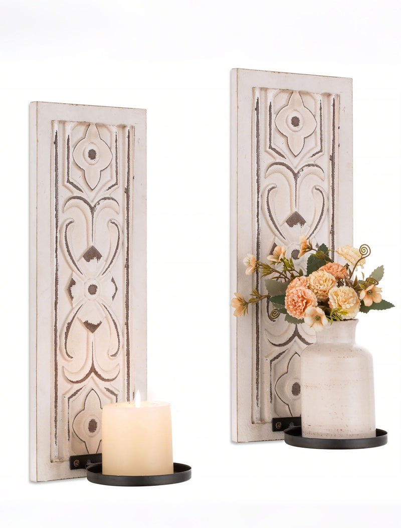 Walasis Rustic Candle Sconces Wall Decor Set of 2 - Wood Wall Candle Holders for Farmhouse White Boho Candle Sconce Art Distressed Thickened Pillar Candles Holder for Bathroom - Image 1