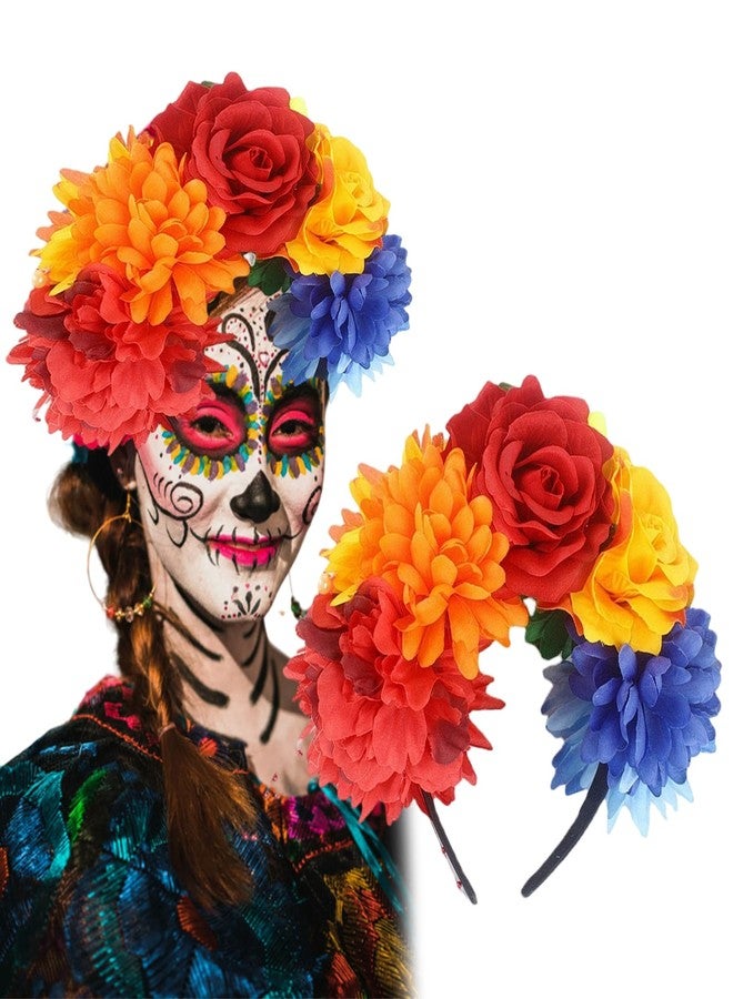 Furimuk Mexican Flower Crown Headband Halloween Day of the Dead Headwear Floral Headpiece for Women Party Costume Accessories (Red orange red yellow blue) - Image 1