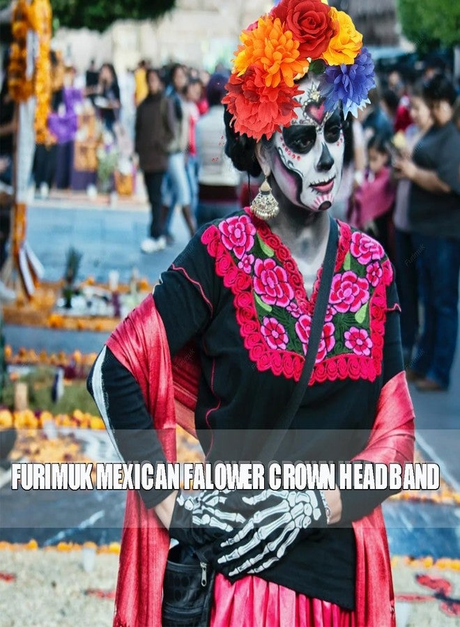 Furimuk Mexican Flower Crown Headband Halloween Day of the Dead Headwear Floral Headpiece for Women Party Costume Accessories (Red orange red yellow blue) - Image 2