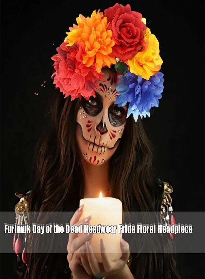 Furimuk Mexican Flower Crown Headband Halloween Day of the Dead Headwear Floral Headpiece for Women Party Costume Accessories (Red orange red yellow blue) - Image 3