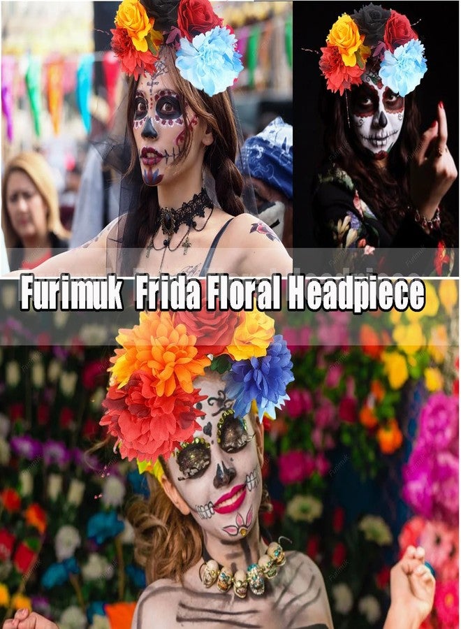 Furimuk Mexican Flower Crown Headband Halloween Day of the Dead Headwear Floral Headpiece for Women Party Costume Accessories (Red orange red yellow blue) - Image 5