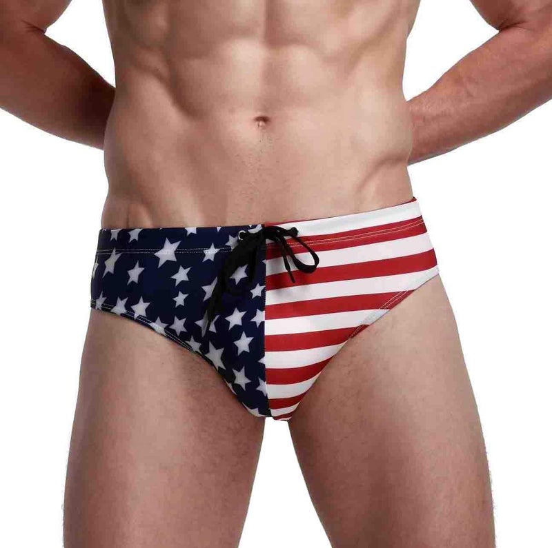 Linemoon Mens American Flag Swim Briefs Fashion Low Rise Beach Swimsuits with Drawstring - Image 1