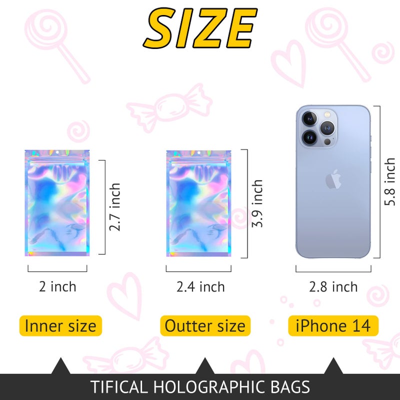 TIFICAL 100 PCS Holographic Bags, Smell Proof Bag, Resealable Gift Bags, Clear Bags for Food Storage, Party Favor Bag, Mylar Sample Bag for Jewelry, Lipgloss, Eyelash| Holographic, 2.4x3.9 Inch - Image 2