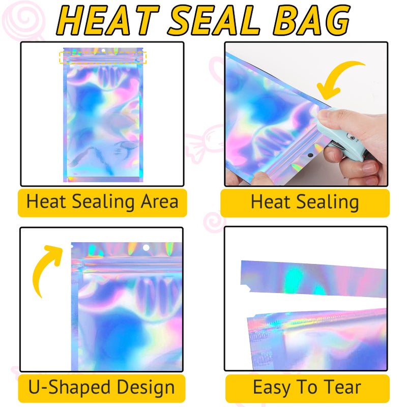 TIFICAL 100 PCS Holographic Bags, Smell Proof Bag, Resealable Gift Bags, Clear Bags for Food Storage, Party Favor Bag, Mylar Sample Bag for Jewelry, Lipgloss, Eyelash| Holographic, 2.4x3.9 Inch - Image 4