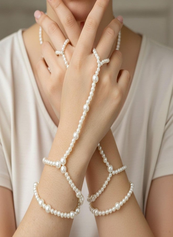 ELABEST Beaded Ring Hand Chain Trendy Dainty Boho Handmade Women Finger Ring Bracelet Jewelry (D-Pearl) - Image 2