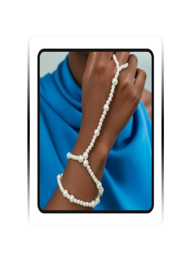 ELABEST Beaded Ring Hand Chain Trendy Dainty Boho Handmade Women Finger Ring Bracelet Jewelry (D-Pearl) - Image 1