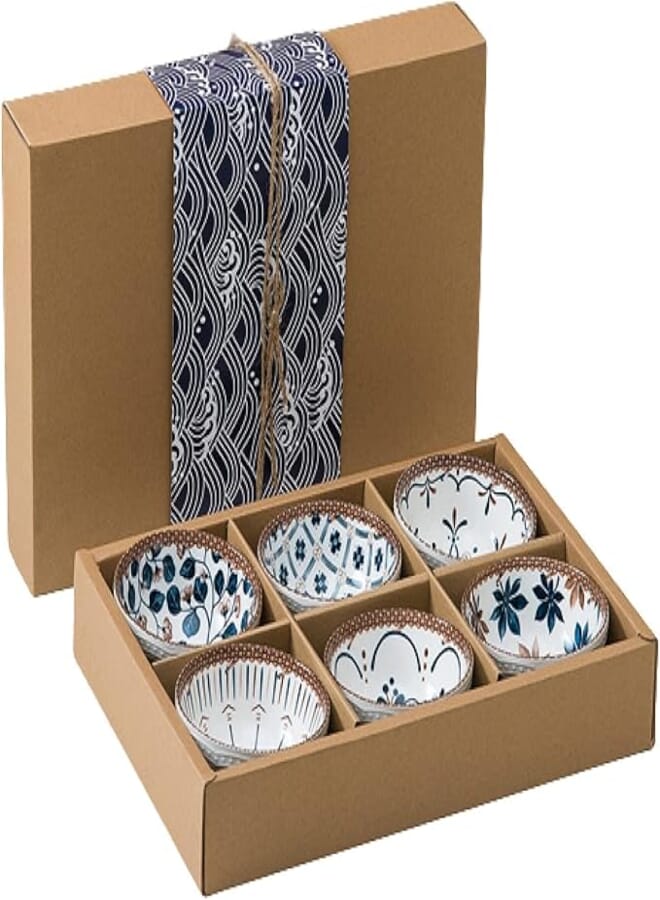 KASQUE Ceramic Rice Bowls, Japanese Style Bowl Gift Set, Assorted Dinner Serving Ramen Bowls for Cereal, Soup, Dessert, Snack, Fruit, Salsa, Set of 6, 300 ML