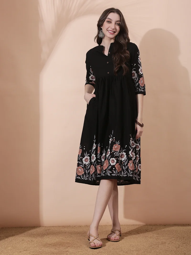 جلو باص Globus Women Black Mandarin Collar Floral Print Gathered & Pleated Flared Hem A-Line Midi Dress