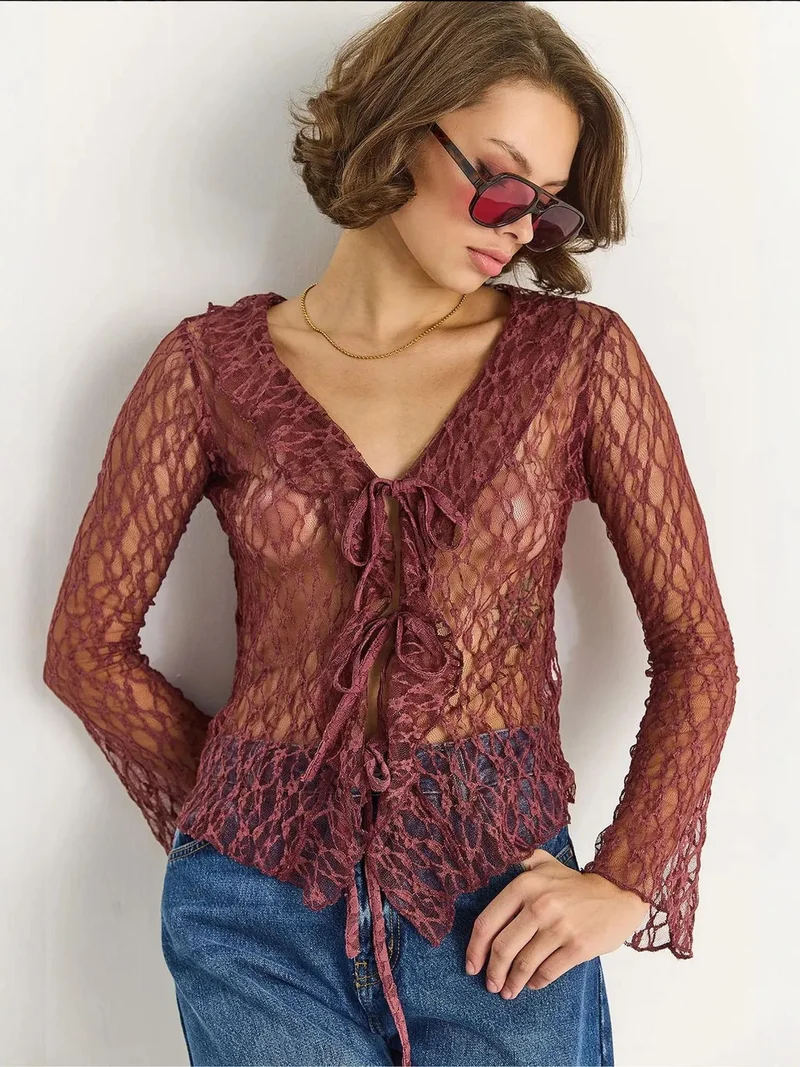 Bianco Lucci Mauve Purple LUCCI Lace Blouse with Tie Closure for Women | Best Price UAE