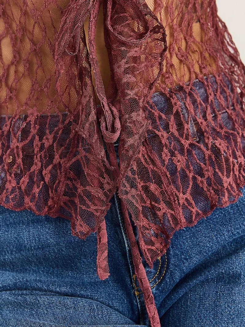 Bianco Lucci Mauve Purple LUCCI Lace Blouse with Tie Closure for Women | Best Price UAE