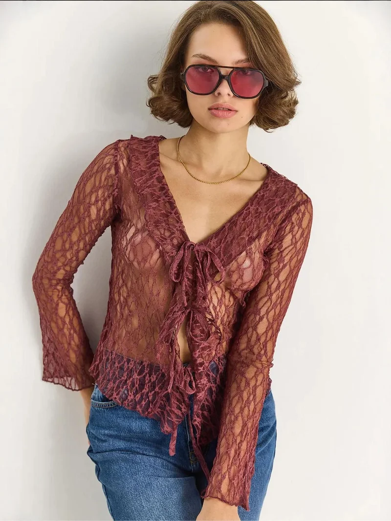 Bianco Lucci Mauve Purple LUCCI Lace Blouse with Tie Closure for Women | Best Price UAE