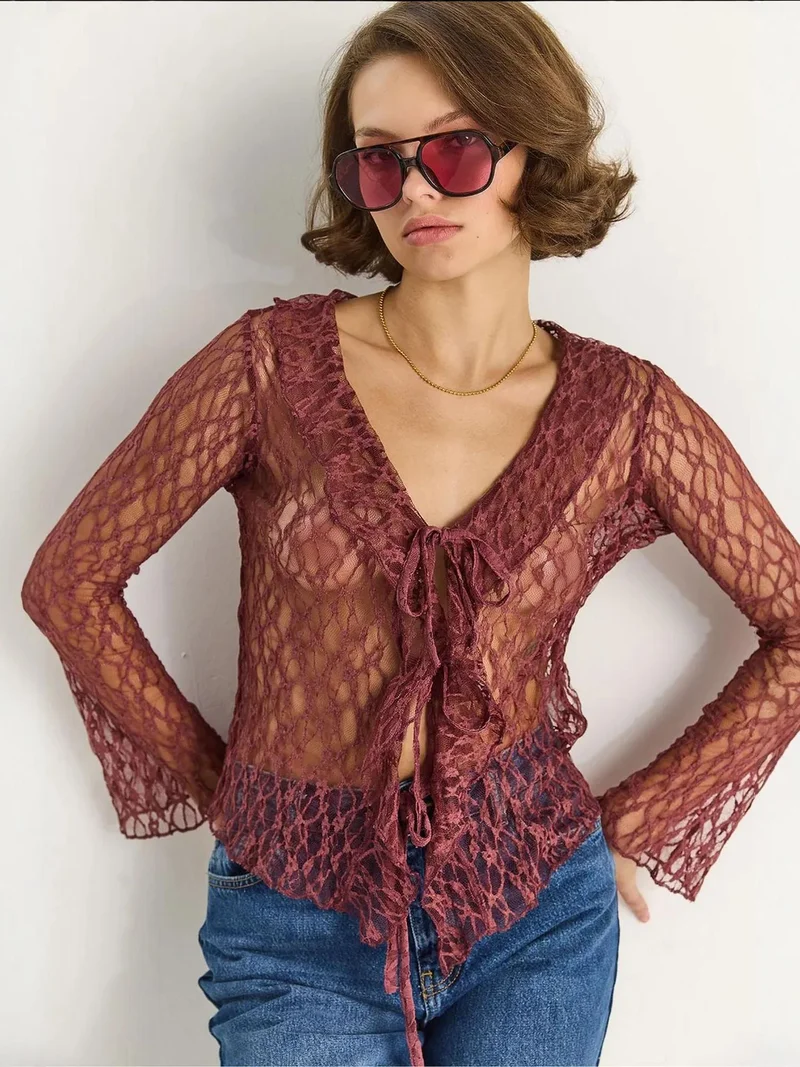 LUCCI Lace Blouse with Tie Closure