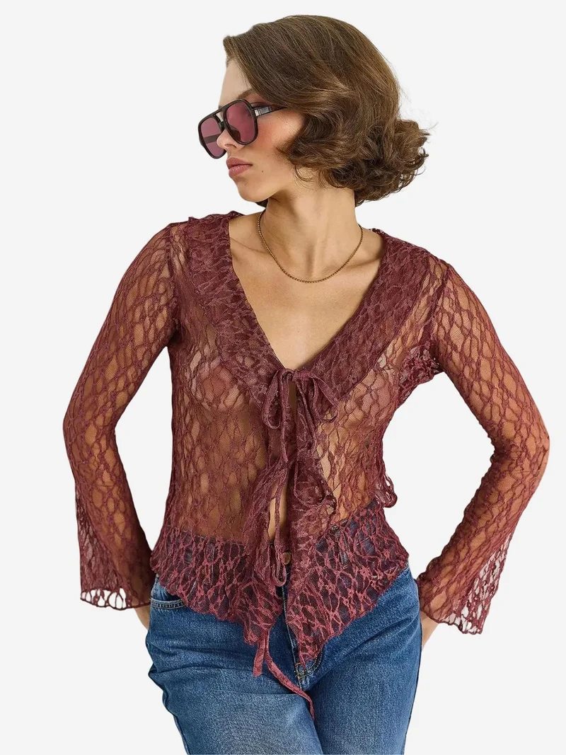 Bianco Lucci Mauve Purple LUCCI Lace Blouse with Tie Closure for Women | Best Price UAE