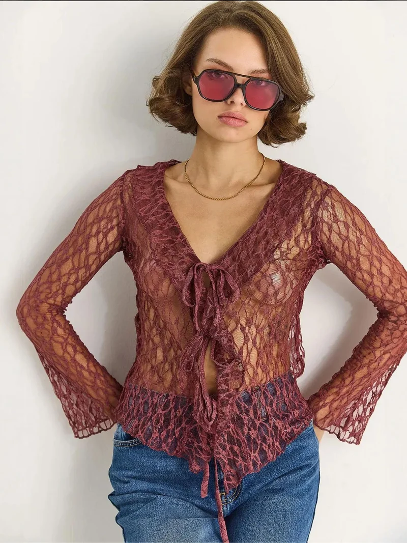 Bianco Lucci Mauve Purple LUCCI Lace Blouse with Tie Closure for Women | Best Price UAE