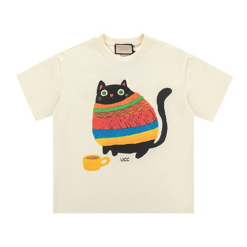 Cat With Backpack Cute Pattern Summer Casual New Short-Sleeved Top Street Style Cartoon Ins Round Neck T-Shirt - Image 4